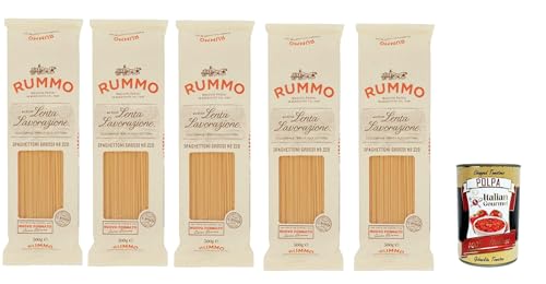 Rummo Spaghettoni grossi n° 220 Pasta Lenta Lavorazione Teigwaren aus Hartweizengrieß Bronze-Zeichnung 5x 500g + Italian Gourmet polpa 400g von Italian Gourmet E.R.