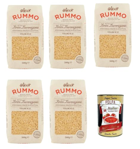 Rummo Stelline N°22 Pasta Lenta Lavorazione Teigwaren aus Hartweizengrieß Bronze-Zeichnung 5x 500g + Italian Gourmet polpa 400g von Italian Gourmet E.R.