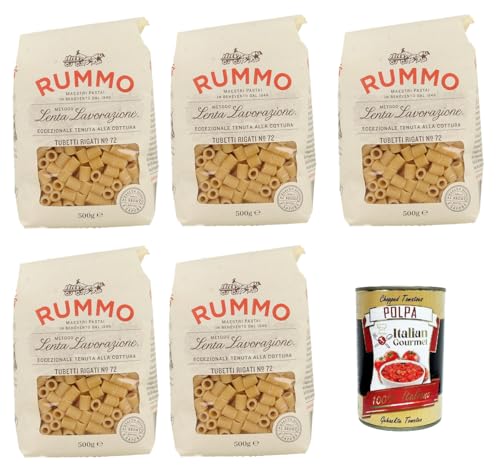 Rummo Tubetti rigati n° 72 Pasta Lenta Lavorazione Teigwaren aus Hartweizengrieß Bronze-Zeichnung 5x 500g + Italian Gourmet polpa 400g von Italian Gourmet E.R.