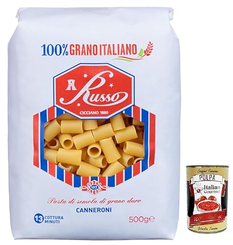Russo Canneroni N°107 Hartweizengrieß Pasta,100% Italienischer Weizen,500g-Packung + Italian Gourmet Polpa di Pomodoro 400g Dose von Italian Gourmet E.R.