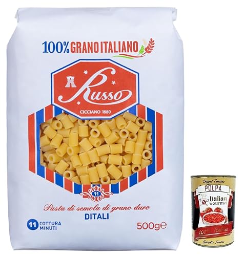Russo Ditali N°11 Hartweizengrieß Pasta,100% Italienischer Weizen,500g-Packung + Italian Gourmet Polpa di Pomodoro 400g Dose von Italian Gourmet E.R.