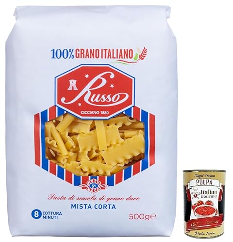 Russo Mista Corta N°51 Hartweizengrieß Pasta,100% Italienischer Weizen,500g-Packung + Italian Gourmet Polpa di Pomodoro 400g Dose Russo Mista Corta N°51 Hartweizengrieß Pasta,100% Italienischer Weizen,500g-Packung + Italian Gourmet Polpa di Pomodoro 400g Dose von Italian Gourmet E.R.