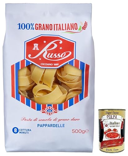 Russo Pappardelle N°26 Hartweizengrieß Pasta,100% Italienischer Weizen,500g-Packung + Italian Gourmet Polpa di Pomodoro 400g Dose von Italian Gourmet E.R.