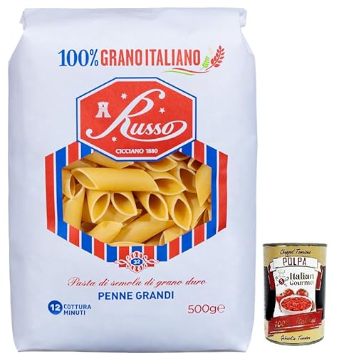 Russo Penne Grandi N°32 Hartweizengrieß Pasta,100% Italienischer Weizen,500g-Packung + Italian Gourmet Polpa di Pomodoro 400g Dose von Italian Gourmet E.R.