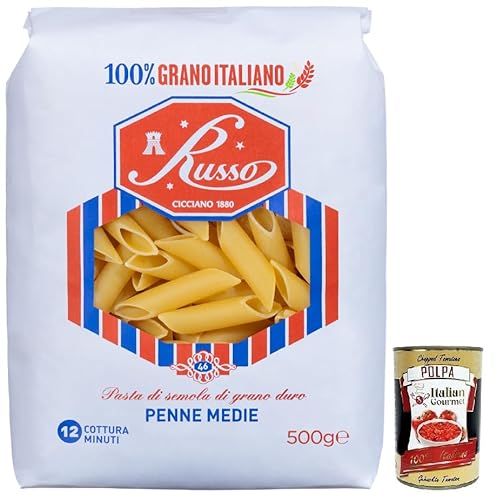 Russo Penne Medie N°46 Hartweizengrieß Pasta,100% Italienischer Weizen,500g-Packung + Italian Gourmet Polpa di Pomodoro 400g Dose von Italian Gourmet E.R.