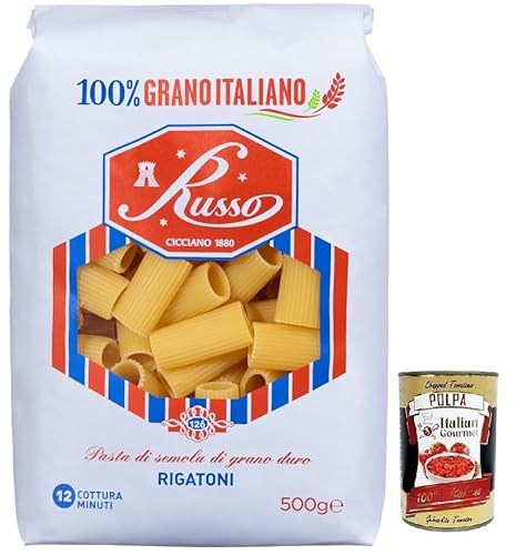 Russo Rigatoni N°126 Hartweizengrieß Pasta,100% Italienischer Weizen,500g-Packung + Italian Gourmet Polpa di Pomodoro 400g Dose von Italian Gourmet E.R.