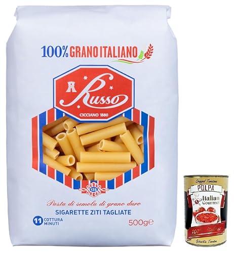 Russo Sigarette Ziti Tagliate N°125 Hartweizengrieß Pasta,100% Italienischer Weizen,500g-Packung + Italian Gourmet Polpa di Pomodoro 400g Dose von Italian Gourmet E.R.