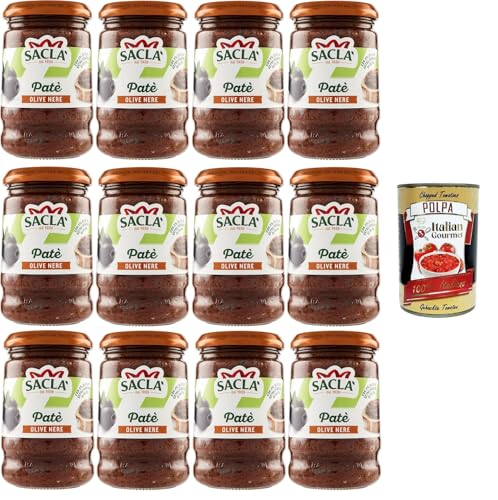 Saclà, Patè di Olive Nere Patè aus schwarzen Oliven, ideal für einen Aperitif und zur Bereicherung Ihrer Gerichte, Glas, 12x190 g + Italian Gourmet polpa 400g Saclà, Patè di Olive Nere Patè aus schwarzen Oliven, ideal für einen Aperitif und zur Bereicherung Ihrer Gerichte, Glas, 12x190 g + Italian Gourmet polpa 400g von Italian Gourmet E.R.