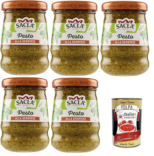 Saclà, genuesisches Pesto, Gewürz für Pasta und zur Bereicherung Ihrer Gerichte, mit frischem italienischen Basilikum, Glas, 5x90g + Italian Gourmet polpa 400g Saclà, genuesisches Pesto, Gewürz für Pasta und zur Bereicherung Ihrer Gerichte, mit frischem italienischen Basilikum, Glas, 5x90g + Italian Gourmet polpa 400g von Italian Gourmet E.R.