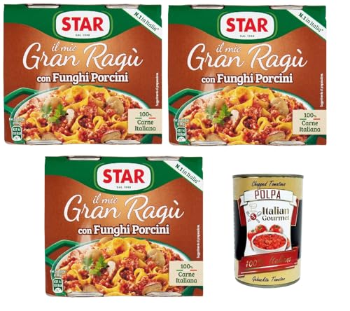 Star Il mio Gran ragù 'Con Funghi Porcini', ragu sauce mit Steinpilzen, N.1 in Italien, mit 100% italienischem Fleisch, 3 Packung mit 2 Dosen à 180g + Italian Gourmet polpa 400gr Star Il mio Gran ragù 'Con Funghi Porcini', ragu sauce mit Steinpilzen, N.1 in Italien, mit 100% italienischem Fleisch, 3 Packung mit 2 Dosen à 180g + Italian Gourmet polpa 400gr von Italian Gourmet E.R.