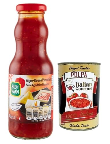 Suzi Wan Salsa Agrodolce Piccante,Scharfe süß-saure Soße,Ideal für Aperitifs,Glas 350g + Italian Gourmet Polpa di Pomodoro 400g Dose von Italian Gourmet E.R.