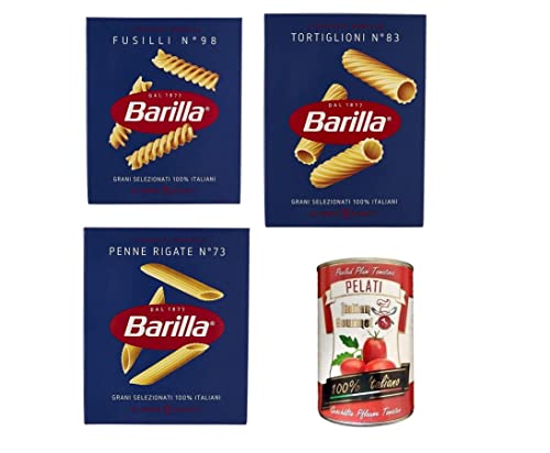 TESTPAKET Barilla Pasta 1x Penne Rigate n°73 1x Fusilli n°98 1x Tortiglioni n°83 ( 3 x 500g ) + 1x Italian Gourmet 100% italienische geschälte Tomaten dosen 400g von Italian Gourmet E.R.