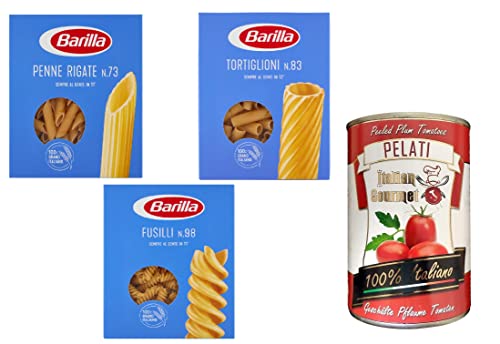 TESTPAKET Barilla Pasta 1x Penne rigate 1x Tortiglioni 1x Fusilli ( 3 x 500g ) + 1x Italian Gourmet 100% italienische geschälte Tomaten dosen 400g von Italian Gourmet E.R.