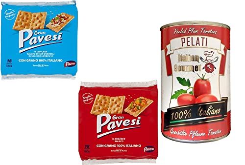 TESTPAKET Barilla Pavesi Crackers 1x Gran Pavesi Cracker Salati - gesalzen 560g 1x Gran Pavesi Crackers ungesalzen 560g ( 2 x 560g ) + 1x Italian Gourmet 100% italienische geschälte Tomaten dosen 400g von Italian Gourmet E.R.