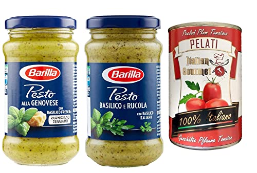 TESTPAKET Barilla Pesto 1x Pesto genovese 190g 1x Pesto basilico e rucola 190g ( 2 x 190g ) + 1x Italian Gourmet 100% italienische geschälte Tomaten dosen 400g von Italian Gourmet E.R.