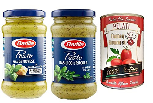 TESTPAKET Barilla Pesto 1x Pesto genovese 190g 1x Pesto basilico e rucola 190g ( 2 x 190g ) + 1x Italian Gourmet 100% italienische geschälte Tomaten dosen 400g von Italian Gourmet E.R.