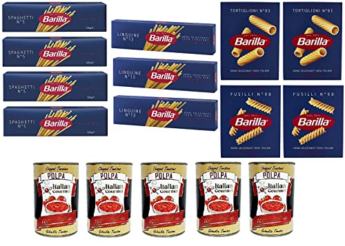 TESTPAKET Barilla pasta nudeln spaghetti linguine fusilli tortiglioni 11 x 500G und Italian Gourmet Polpa di pomodoro Fein gehacktes Tomatenmark 5x 400g von Italian Gourmet E.R.