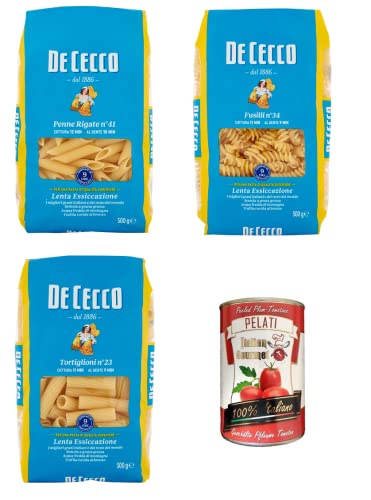 TESTPAKET De Cecco Pasta 1x Penne Rigate n°41 1x Fusilli n°34 1x Tortiglioni n°23 ( 3 x 500g ) + 1x Italian Gourmet 100% italienische geschälte Tomaten dosen 400g von Italian Gourmet E.R.