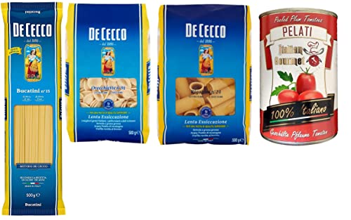 TESTPAKET De Cecco Pasta 1x Rigatoni 1x Orecchiette 1x Bucatini ( 3 x 500g ) + 1x Italian Gourmet 100% italienische geschälte Tomaten dosen 400g von Italian Gourmet E.R.