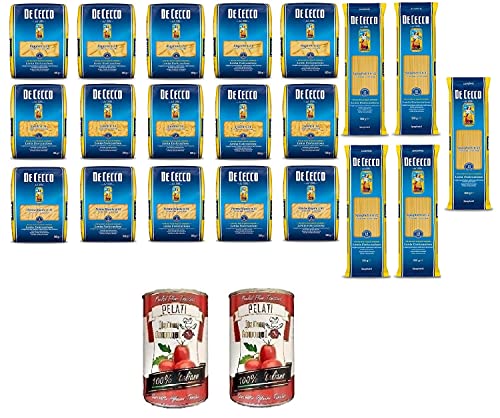 TESTPAKET De Cecco italienisch Pasta ( 20 x 500g ) 4 Arten von Nudeln Penne Rigate - Fusilli - Spaghetti - Rigatoni + Italian Gourmet 100% italienische geschälte Tomaten dosen 2x 400g von Italian Gourmet E.R.