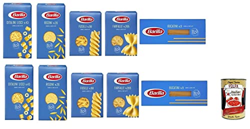 TESTPAKET Pasta Barilla italienisch ( 10 x 500g ) 5 Arten von Nudeln (Bucatini-Fusilli-Risoni-Ditalini Lisci-Farfalle) + Italian gourmet polpa 400g von Italian Gourmet E.R.