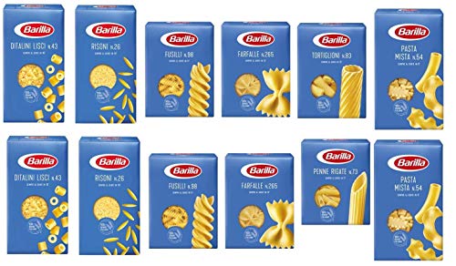 TESTPAKET Pasta Barilla italienisch (12 x 500g) 7 Arten von Nudeln kurze Nudeln ( Fusilli - Tortiglioni - Penne Rigate - Pasta Mista-Farfalle - Risoni ' Ditalini lisci ) von Italian Gourmet E.R.