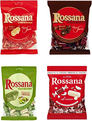 TESTPAKET Rossana Cocco - Cioccolato - Originali - Pistacchio Candies Bonbon Lollies Hartbonbons mit cremiger Füllung 4 Packungen Süßigkeiten + Italian Gourmet Polpa di Pomodoro 400g Dose von Italian Gourmet E.R.