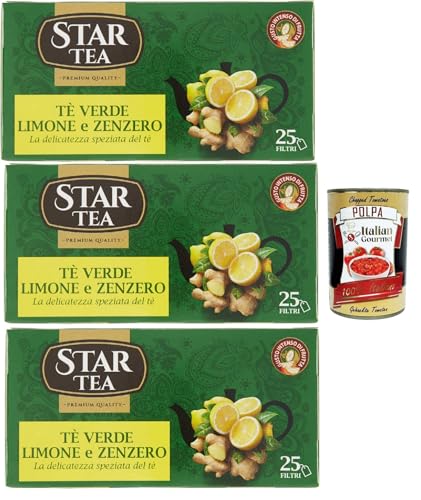 Tè STAR, Grüner Tee mit Zitrone und Ingwer, Packung mit 25 Filtern, eine feine Mischung mit einem reichen und faszinierenden Geschmack, 3x 42.5g + Italian Gourmet polpa 400g Tè STAR, Grüner Tee mit Zitrone und Ingwer, Packung mit 25 Filtern, eine feine Mischung mit einem reichen und faszinierenden Geschmack, 3x 42.5g + Italian Gourmet polpa 400g von Italian Gourmet E.R.