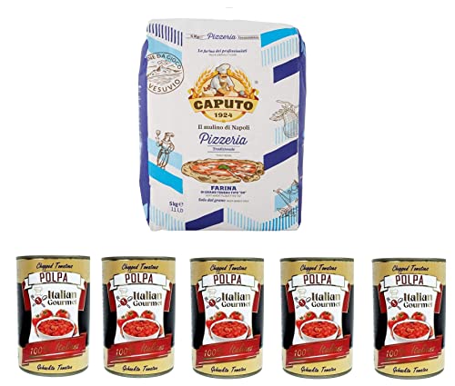 Testpaket Caputo Pizzeria Farina Pizzamehl Mehl 5Kg und Italian Gourmet Polpa di pomodoro Fein gehacktes Tomatenmark 5x 400g von Italian Gourmet E.R.