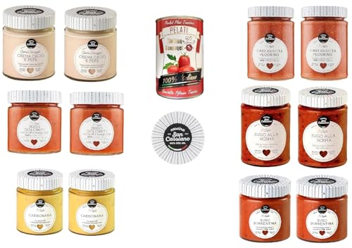 Testpaket Cascina San Cassiano –2x Carbonara140gr 2x Norma-Sauce290gr 2x Sorrentina-Sauce190gr 2x Cacio e Pepe150gr 2x Dolomiti-Sauce190gr 2x Ricotta-Pecorino-Sauce290gr+ Italian Gourmet pelati 400gr von Italian Gourmet E.R.