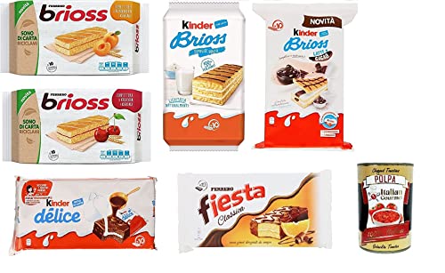 Testpaket Ferrero Kinder Brioss Delice Fiesta Albicocca Ciligia Cacao und Latte kuchen 6 Packung mit 10 Snacks, 280 g + Italian Gourmet polpa 400g von Italian Gourmet E.R.