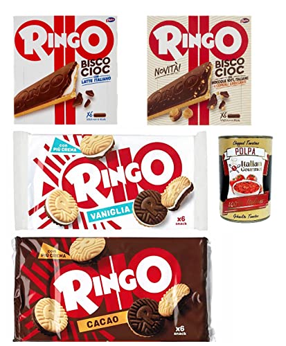 Testpaket Ringo 4 Stück Milch vanille Kakao Haselnuss Bisco Cioc kekse 100 % italienischen + Italian gourmet polpa 400g von Italian Gourmet E.R.