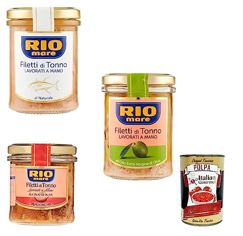 Testpaket Rio Mare Filetti di Tonno al Naturale und Natives Olivenöl extra 2x 180g Thunfischfilets mit Chili 130g handgefertigt + Italian Gourmet poolpa 400g von Italian Gourmet E.R.