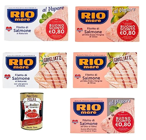 Testpaket Rio mare Lachsfilet, gedämpft, reich an Omega 3, 5x 125 g + Italian Gourmet polpa 400g von Italian Gourmet E.R.