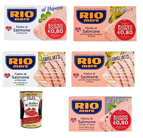 Testpaket Rio mare Lachsfilet, gedämpft, reich an Omega 3, 5x 125 g + Italian Gourmet polpa 400g Testpaket Rio mare Lachsfilet, gedämpft, reich an Omega 3, 5x 125 g + Italian Gourmet polpa 400g von Italian Gourmet E.R.
