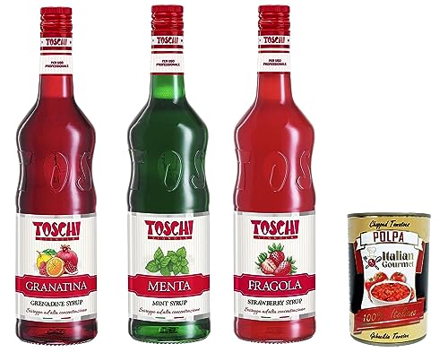 Testpaket Toschi Erdbeeren Minze Grenadine Sirup für Cocktails - 3x 1L + Italian Gourmet polpa 400g von Italian Gourmet E.R.