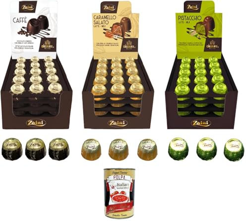 Testpaket ZAINI Dunkle Schokoladenpralinen mit Espresso-Kaffeecreme,Sahne und Pistazienbröseln,Milchschokolade mit gesalzener Karamellcreme+ Italian gourmet polpa 400g von Italian Gourmet E.R.