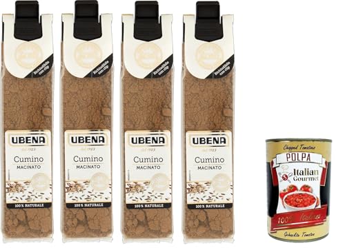 UBENA, Cumino Macinato, gemahlener Kreuzkümmel, Gewürz für orientalische Gerichte, Fleisch und Gemüse, warmer und süßer Geschmack, 4x25-g-Beutel im Clip-Format + Italian Gourmet polpa 400g UBENA, Cumino Macinato, gemahlener Kreuzkümmel, Gewürz für orientalische Gerichte, Fleisch und Gemüse, warmer und süßer Geschmack, 4x25-g-Beutel im Clip-Format + Italian Gourmet polpa 400g von Italian Gourmet E.R.