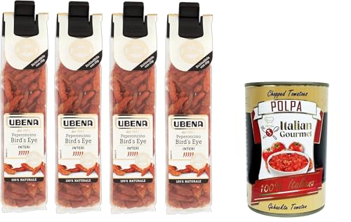 UBENA, Peperoncini Bird's Eye Interi,Ganze Bird's Eye Chilischoten, Intensive Schärfe, Ideal für exotische Gerichte, Gyros und Chili con Carne, 4x12g Clipbeutelformat+ Italian Gourmet polpa 400g UBENA, Peperoncini Bird's Eye Interi,Ganze Bird's Eye Chilischoten, Intensive Schärfe, Ideal für exotische Gerichte, Gyros und Chili con Carne, 4x12g Clipbeutelformat+ Italian Gourmet polpa 400g von Italian Gourmet E.R.