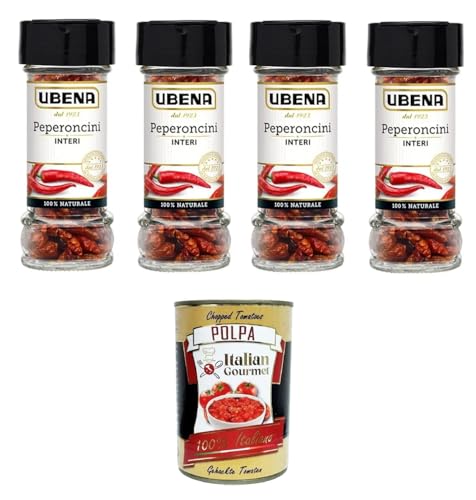 UBENA, Peperoncini Interi,Ganze Chilischoten, Intensive Schärfe, Ideal für exotische Gerichte, Gyros und Chili con Carne, 4x12g Vase aus Glas+ Italian Gourmet polpa 400g UBENA, Peperoncini Interi,Ganze Chilischoten, Intensive Schärfe, Ideal für exotische Gerichte, Gyros und Chili con Carne, 4x12g Vase aus Glas+ Italian Gourmet polpa 400g von Italian Gourmet E.R.