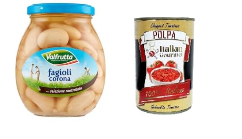 Valfrutta Fagioli Corona ,Italienische Corona-Bohnen,Hülsenfrücht Gemüse Gekochte Bohnen,Glas 360g + Italian Gourmet Polpa di Pomodoro 400g Dose von Italian Gourmet E.R.