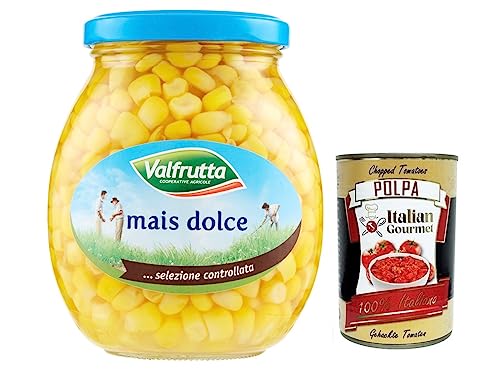 Valfrutta Mais Dolce Italiano,Weicher und Natürlich süßer Italienischer Gedämpfter Mais,Glas 360g + Italian Gourmet Polpa di Pomodoro 400g Dose von Italian Gourmet E.R.