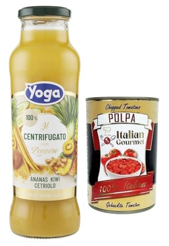 Yoga il Centrifugato con Zenzero,Fruchtkonzentrat mit Ingwer, Ananas, Kiwi und Gurke,Fruchtsaft Ohne Zuckerzusatz,680ml Glasflasche + Italian Gourmet Polpa di Pomodoro 400g Dose von Italian Gourmet E.R.