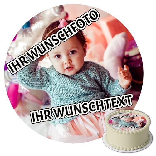 J&M DECO Essbare Fondant Tortenaufleger, Tortenbild, mit Wunschfoto und Wunschtext-selbst gestalten mit Foto & Text-Tortendeko gebrauchsfertig ohne schneiden-PREMIUM Qualität (RUND, 20cm Durchmesser) von J&M DECO