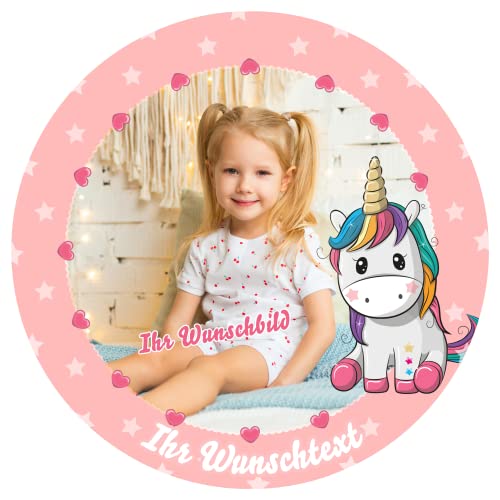 J&M DECO Personalisiert Tortenaufleger Einhorn – essbares Tortenbild mit eigenem Foto & Wunschtext – Ø 20 cm Kuchendekoration aus Zuckerpapier – individuelle Tortendeko für Geburtstag, Kinderparty von J&M DECO