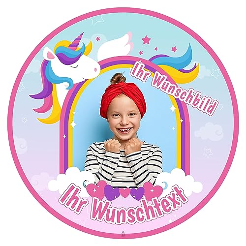 J&M DECO Personalisiert Tortenaufleger Einhorn – essbares Tortenbild mit eigenem Foto & Wunschtext – Ø 20 cm Kuchendekoration aus Zuckerpapier – individuelle Tortendeko für Geburtstag, Kinderparty von J&M DECO