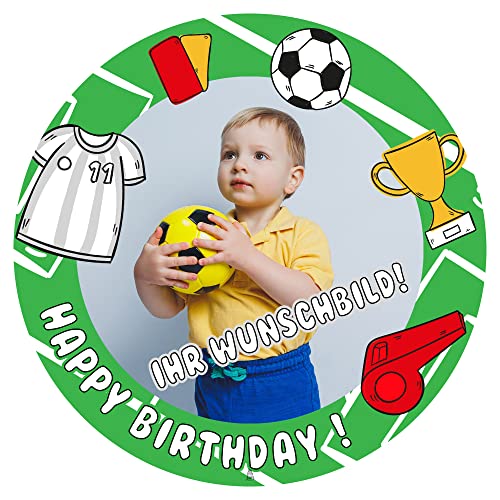 J&M DECO Personalisiert Tortenaufleger Fußball – essbares Tortenbild mit eigenem Foto – Ø 20 cm Kuchendekoration aus Zuckerpapier – individuelle Tortendeko für Fußballfans, Geburtstag, Fußballparty von J&M DECO