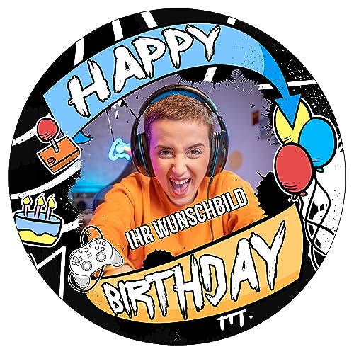 J&M DECO Personalisiert Tortenaufleger Gamer – essbares Tortenbild mit eigenem Foto & Wunschtext – Ø 20 cm Kuchendekoration aus Zuckerpapier – individuelle Tortendeko für Geburtstag, Gaming-Party von J&M DECO
