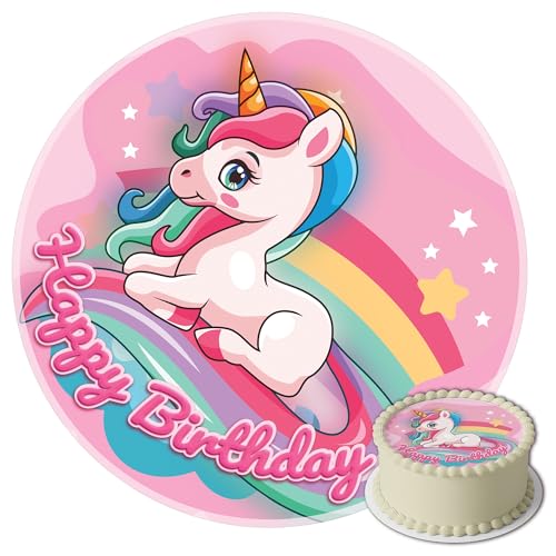 J&M DECO Tortenaufleger Geburtstag - Tortendeko Einhorn Mädchen - Geburtstagskuchen Deko aus Fondant - Rund 20 cm - Esspapier Tortendeko - Tortenaufleger Einhorn - Cake Decoration von J&M DECO