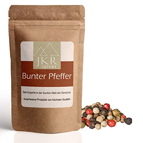 JKR Spices® Bunter Pfeffer ganz 250g - grüne rosa beige schwarze Pfefferkörner | ganze Pfeffer Körner für Pfeffermühle und Mörser | Pfefferkörner bunt in Spitzenqualität von JKR Spices